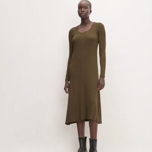 NWT Everlane Scoopneck Ribbed Long Sleeve Dress In Beech (Deep Olive Green)